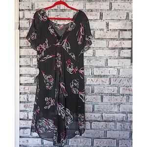 Adrianna Papell Floral Print Chiffon High Low Dress Flutter Sleeves Women Sz L